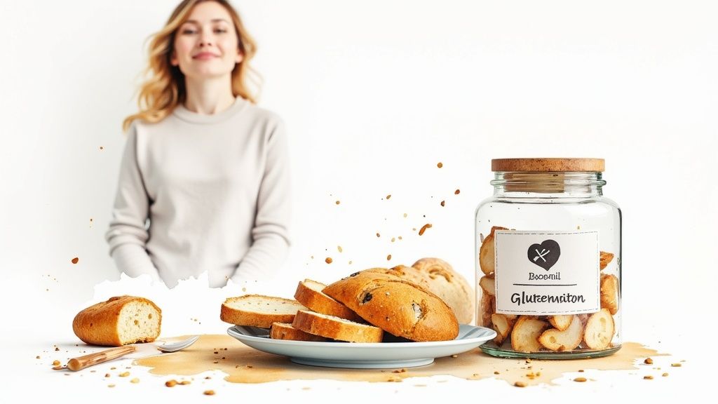 Nainen hymyilee taustalla, edessä lautanen leipäviipaleita ja purkki gluteenittomia krutonkeja.