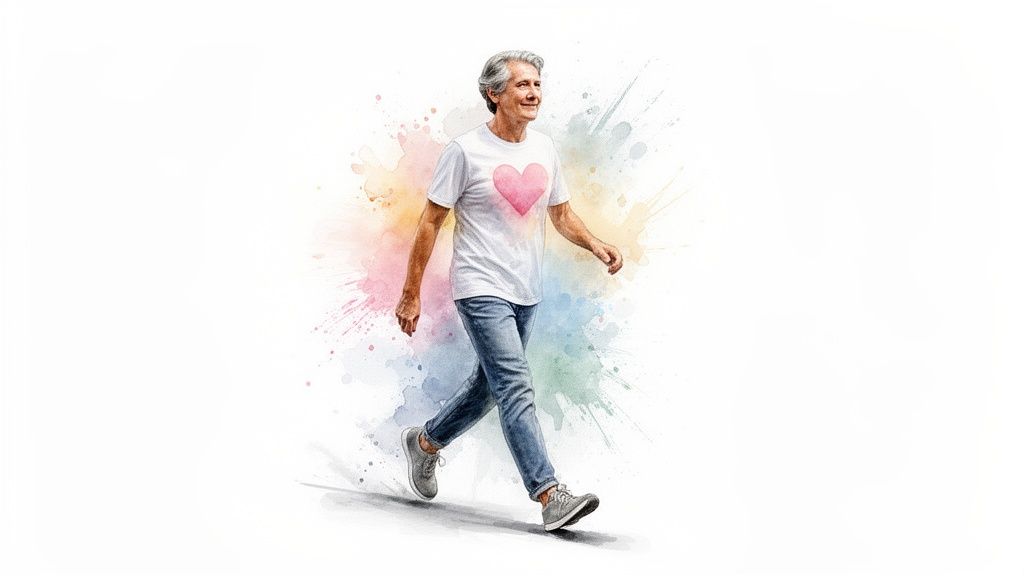 Naeratav eakas mees, kelle valgel särgil on roosa süda, kõnnib elavalt värviliste veeplekikeste taustal.