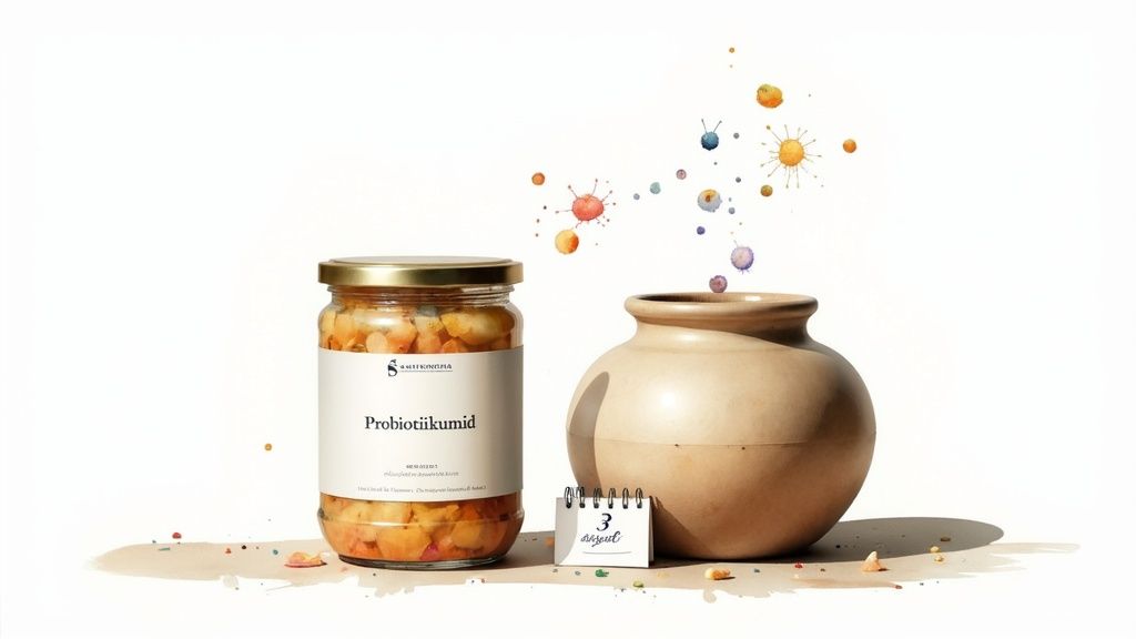 Probiotikumide purk, savipott ja kalender numbriga 3. Värvilised pritsmed tähistavad seedimisele kasulikke baktereid.