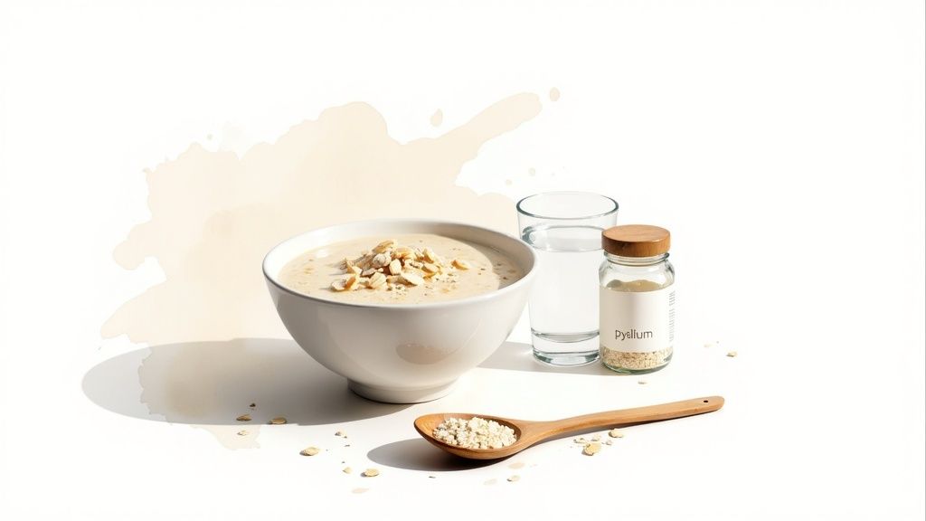 Kulhollinen puuroa tai vastaavaa, jonka päällä on pähkinöitä. Vieressä lasi vettä ja purkki psylliumia.