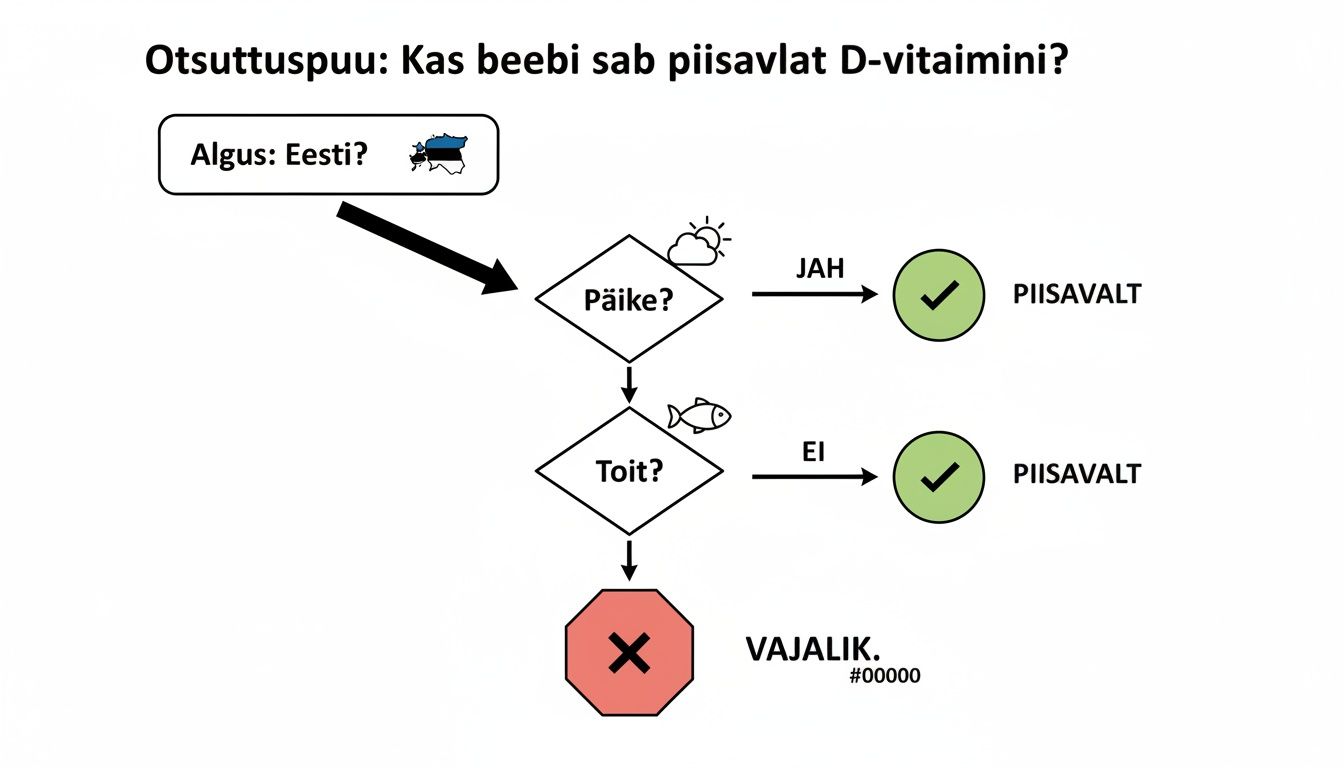 Otsustuspuu diagramm, mis hindab, kas beebi saab Eestis piisavalt D-vitamiini päikese ja toidu kaudu.