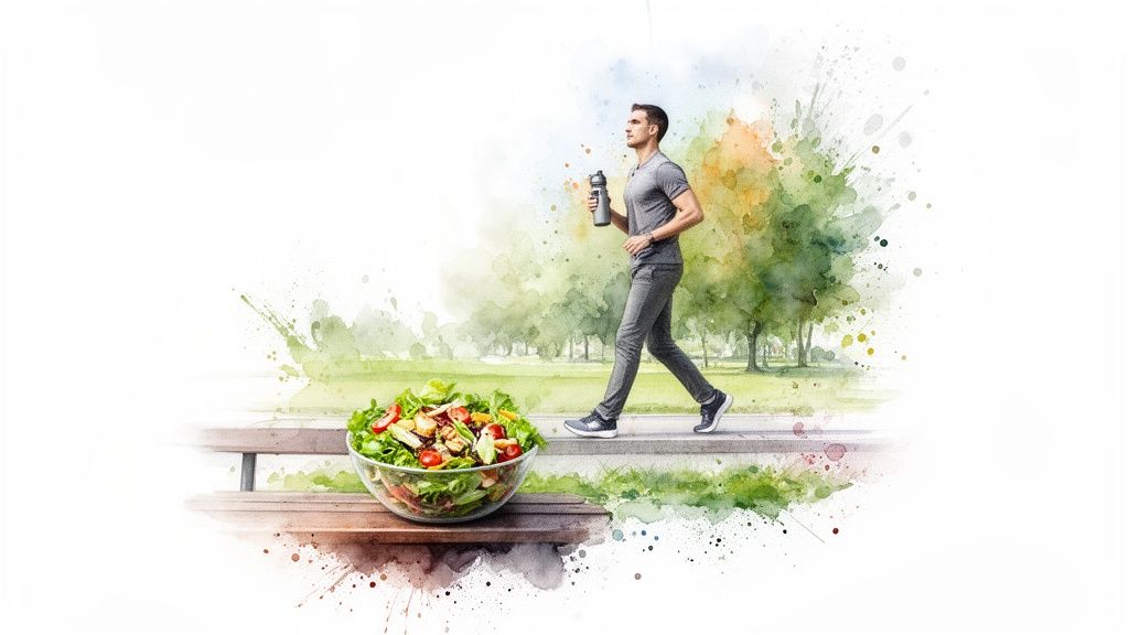 Mies kävelee puistossa vesipullo kädessä. Etualalla penkillä on suuri kulho raikasta salaattia.