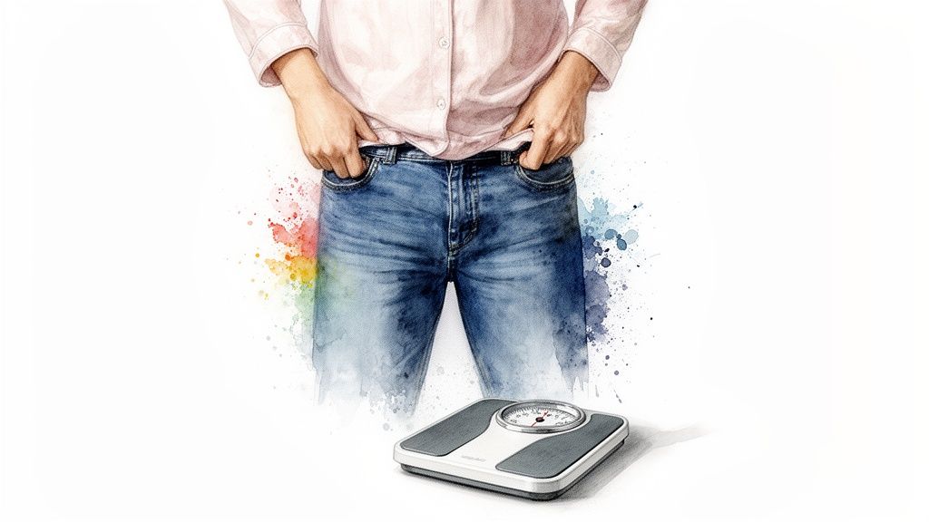 Akvarellikuvassa henkilö seisoo farkuissa vaa'an edessä, korostaen painonhallintaa ja turvotusta värikkäillä roiskeilla.