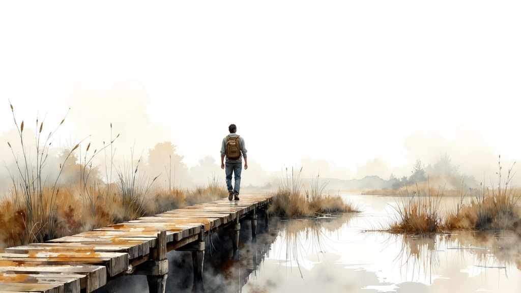 Akvarellistiilis pilt matkajast puidust sillal üle veekogu, ümbritsetud roostikuga uduses maastikus.