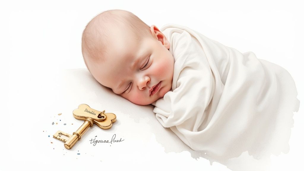 Rahulikult magav vastsündinud beebi valges tekis, tema kõrval asub kuldne kondikujuline võti.