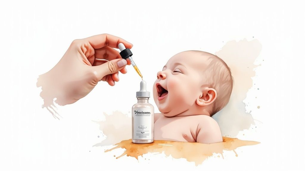 Käsi annab tilgutiga D-vitamiini rõõmsale beebile, pudel on lähedal.