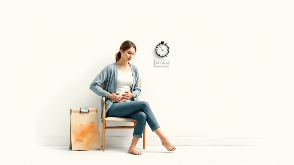 Naine istub toolil, hoiab kõhtu, tundes ebamugavust või valu, võimalik, et kõhukinnisuse tõttu.