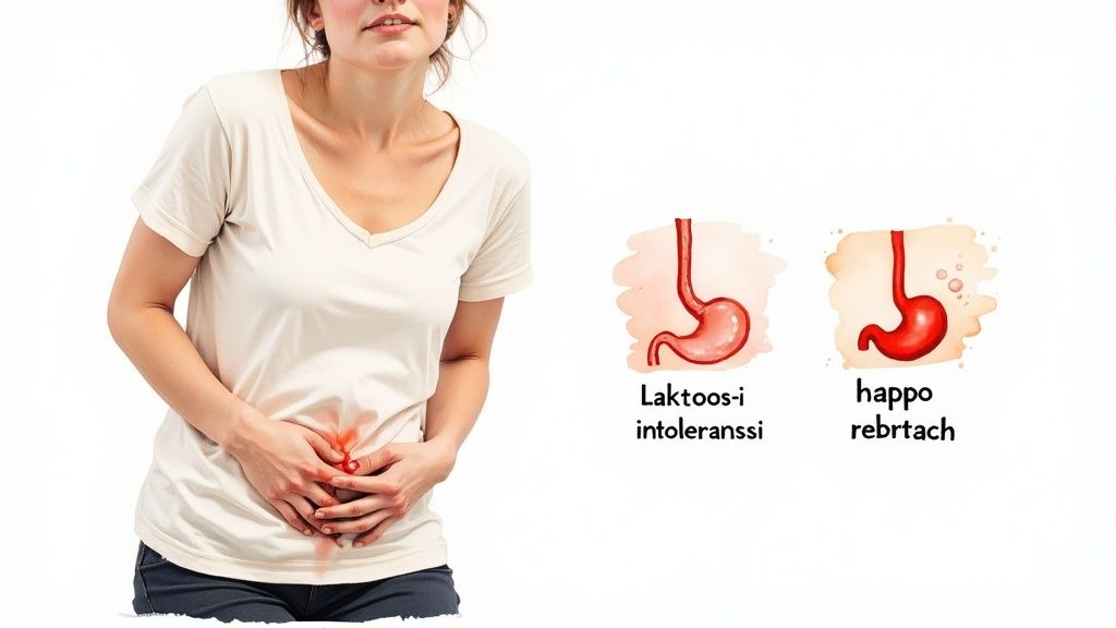Nainen pitelee vatsaansa kivusta, kuvassa myös laktoosi-intoleranssi ja happorefluksi symboleina.