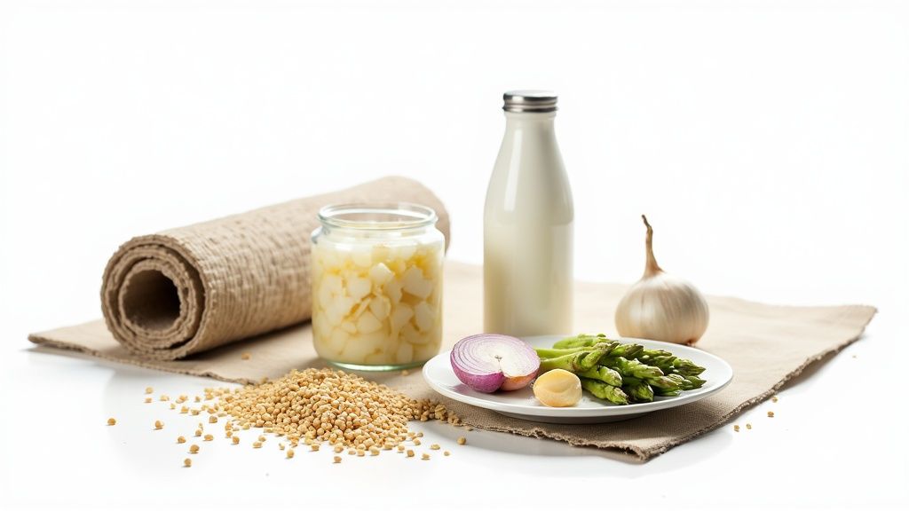 Erinevad toiduained heledal taustal: rullitud kangas, purk tükeldatud toiduga, piimapudel, terad, spargel ja sibul.