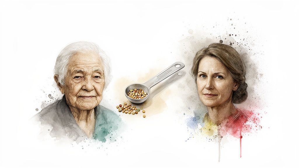 Kaks akvarellistiilis naist, üks eakas ja teine keskealine, mõõtelusikaga toidulisandite graanulitega keskel.