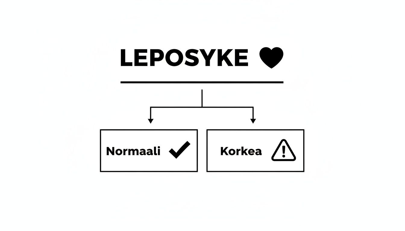 Kaavio levosykkeen luokittelusta normaaliksi tai korkeaksi, selkein symbolein.