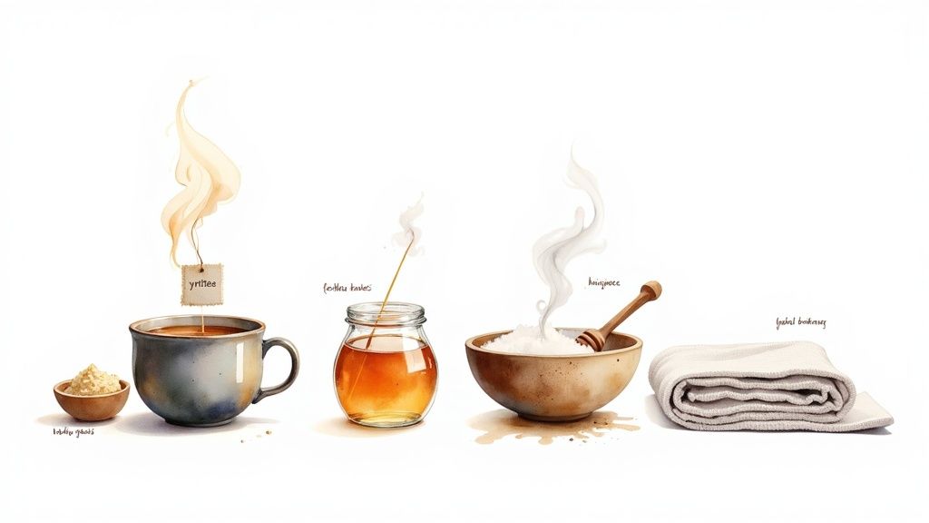 Henkilö kurlaa suolavettä kurkkukivun lievittämiseksi