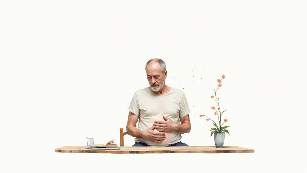Keskellä istuva vanhempi mies pitelee vatsaansa, ilmaisten vatsavaivoja ja kipua. Pöydällä on kirja, lasi ja kasvi.