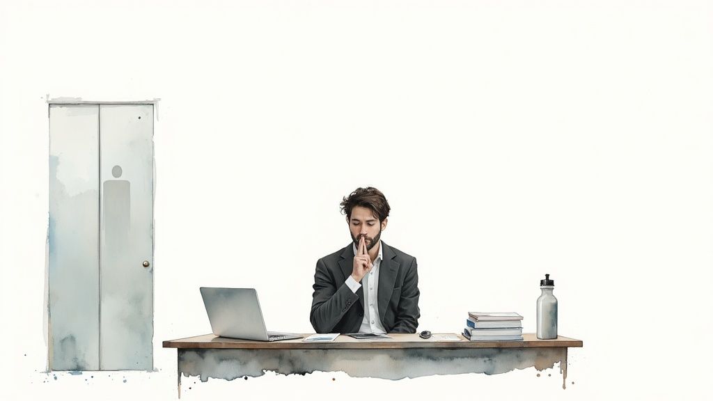 Vesivärityylinen kuva miehestä työpöydän ääressä, joka tekee hiljaisuusmerkin. Vieressä on wc-ovi.