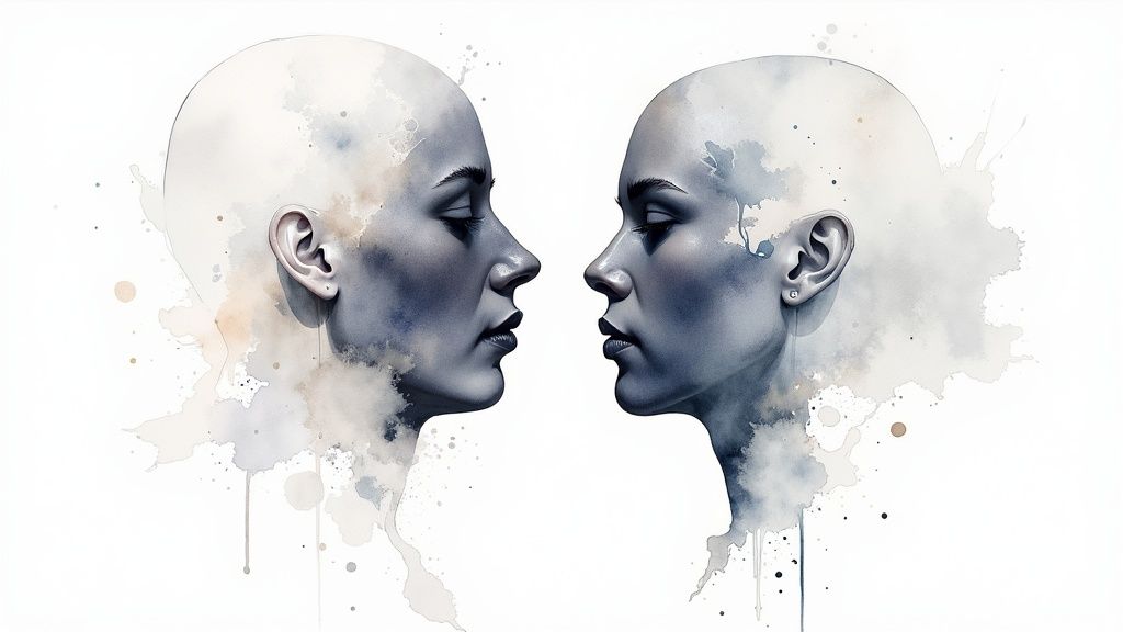 Kaks akvarellistiilis kiilakat pead vastamisi profiilis, abstraktsete värvilaikudega valgel taustal.