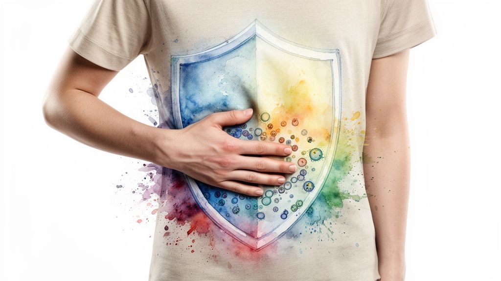Käsi vatsan päällä, jossa on värikäs akvarellisuoja-aihe ja pieniä kuplia, symboloiden suoliston terveyttä.