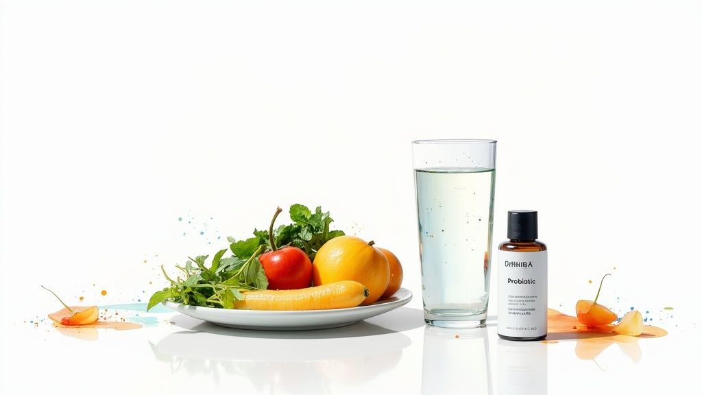 Värske toit (porgand, tomat, rohelised), vesi ja probiootikumid toetavad tervislikku eluviisi.