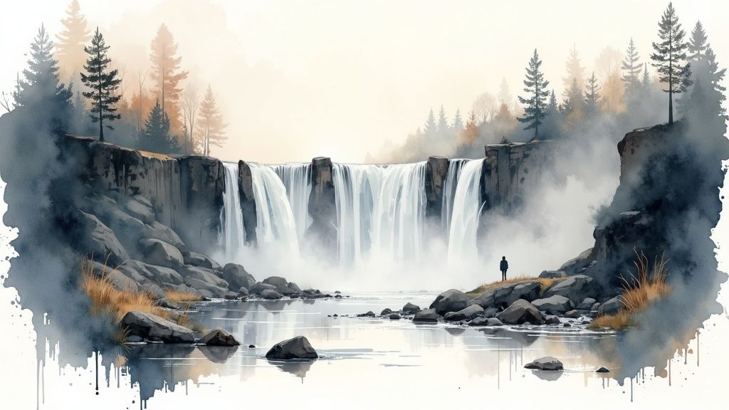 Akvarellmaal juga ja metsa ääres seisvast inimesest uduses, rahulikus maastikus, sobib matkarajale.