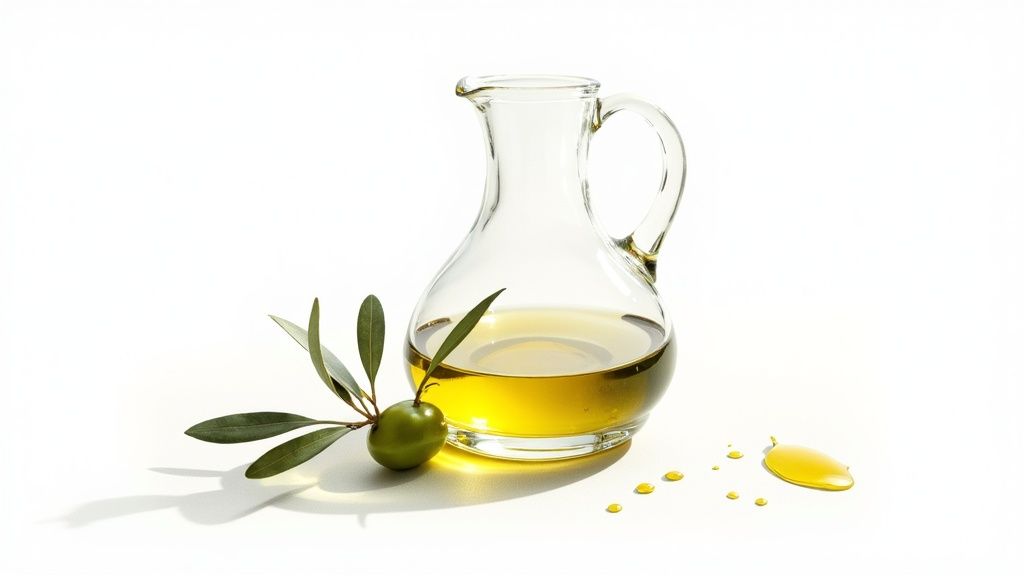 Klaaskann kuldse oliiviõliga, värske oliivioks rohelise oliiviga ja õlitilgad valgel taustal.