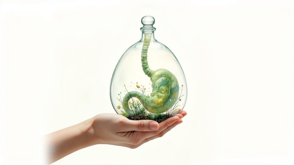 Käsi pitää lasikupua, jossa on vihreä, kasvien ympäröimä ruoansulatuselin valkoisella taustalla.