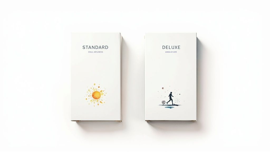 Kaks päevaraamatut, standard ja deluxe versioon, minimalistliku disainiga valgel taustal