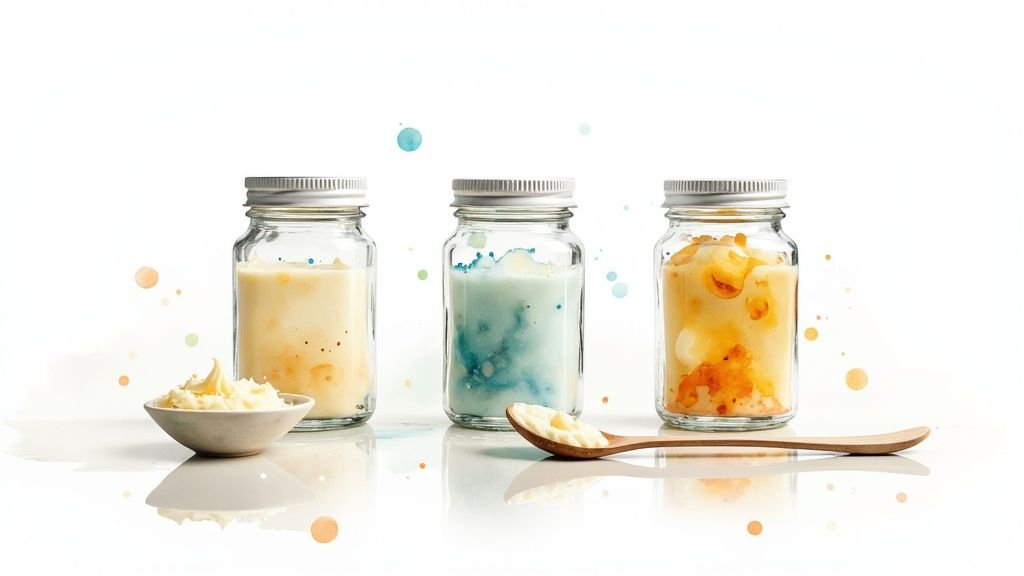 Kolm klaaspurki probiootilistе toodetega koos puuslike ja värvikate akvarellipritsmetega