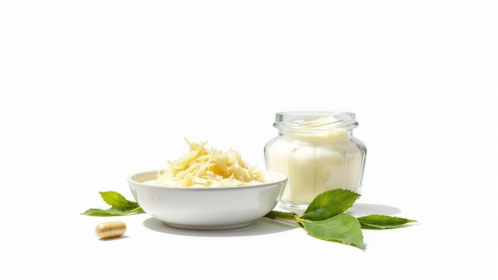 Kauss riivitud juustu, kreemipurk, kapsel ja rohelised lehed valgel taustal.