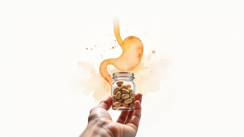 Käsi hoiab purki pillidega, mis viitavad mao tervisele ja seedimisele.