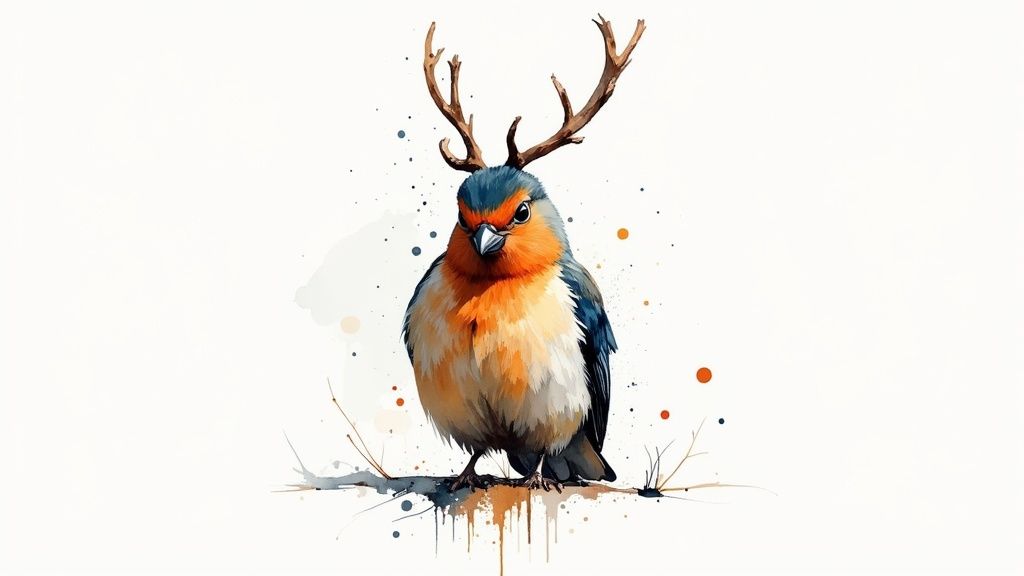 Värvikas akvarell-stiilis lind hirvesarvedega, oranži ja sinise sulestikuga valgel taustal.
