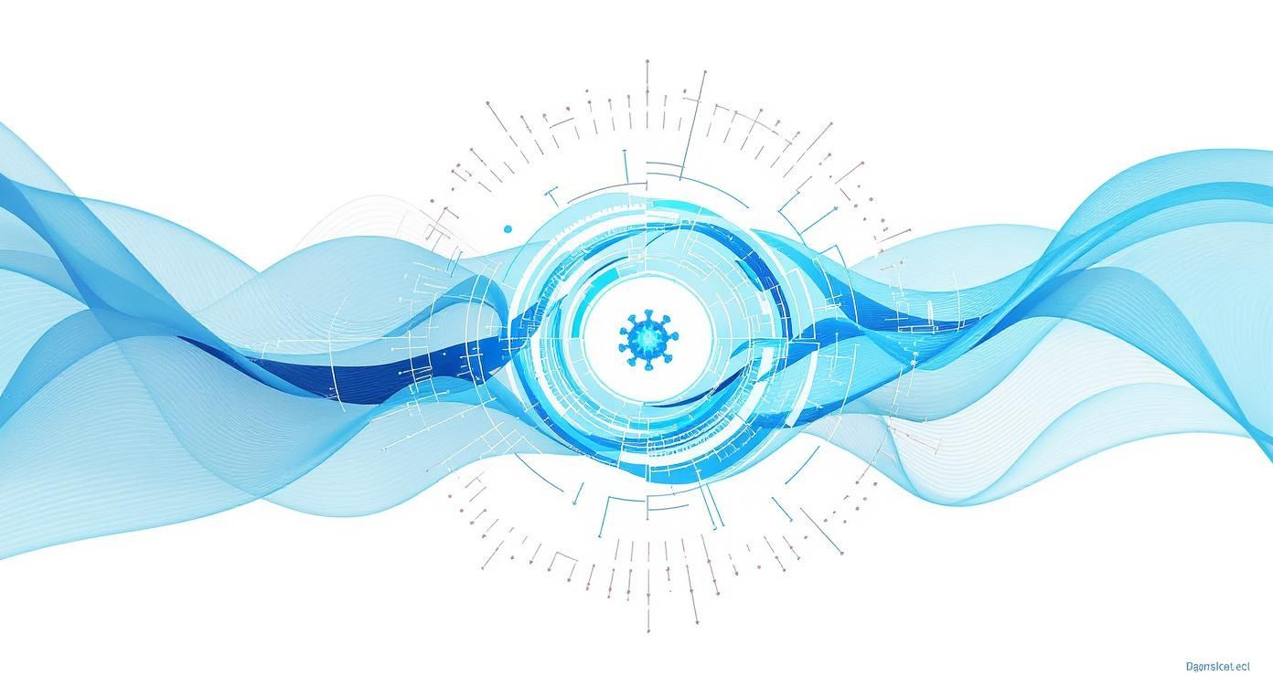 Abstrakti kuva sinisistä aalloista ja digitaalisista elementeistä, joissa on viruskuvake keskellä.