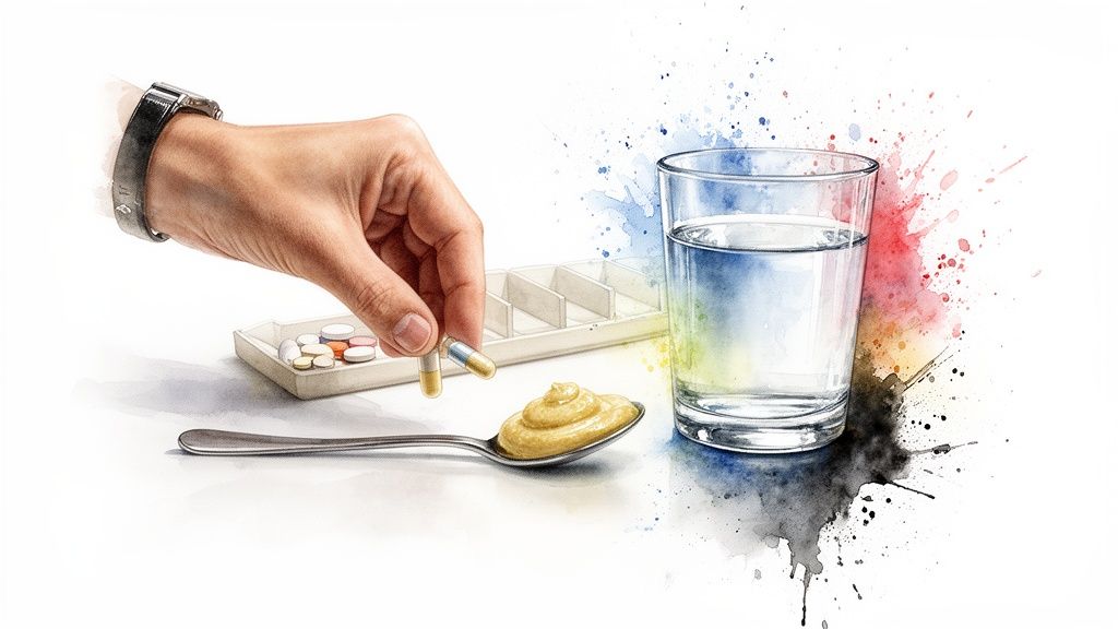 Käsi hoiab kapsleid lusikal oleva kollase pasta kohal, taustal veeklaas ja tabletikarp.