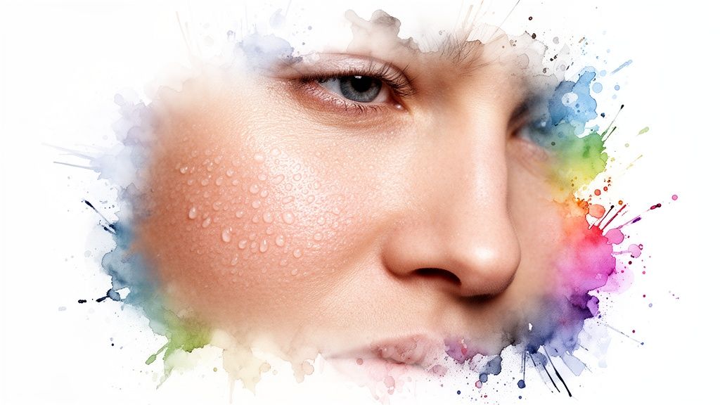 Lähivõte näost veepiiskadega nahal ja värviliste akvarelli pritsmetega, mis tähistavad värskust.