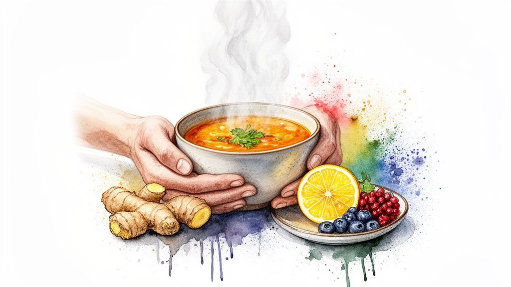 Kädet pitelevät höyryävää keittokulhoa, inkivääriä, marjoja ja sitruunaa akvarellityyliin.
