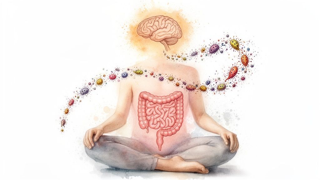 Illustratsioon soole ja aju vahelisest seosest, kus mikroobid liiguvad mööda ühendusteed.