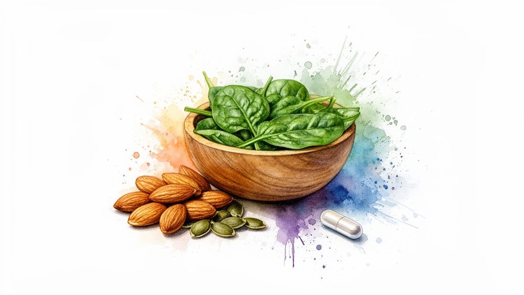 Spinat, mandlid, kõrvitsaseemned ja kapsel vesivärviefektiga taustal, viitavad magneesiumile.