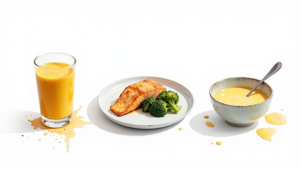 Klaas mahla, taldrik lõhe ja brokoliga ning kauss kollase supiga valgel pinnal.