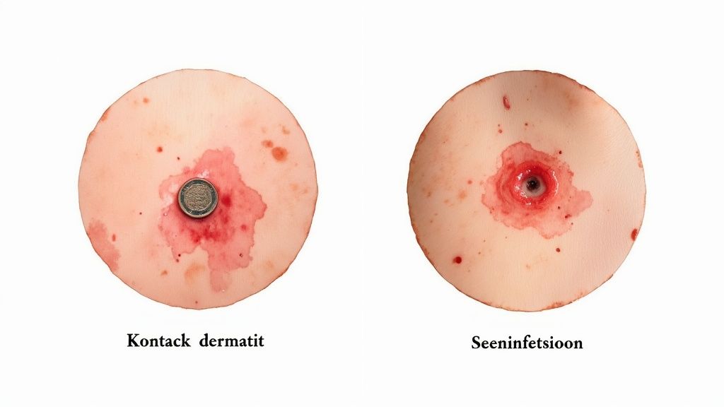 Kaks ümmargust nahamudelit punaste laikude ja haavadega, mis kujutavad kontaktdermatiiti ja seeninfektsiooni. Vasakul on münt.