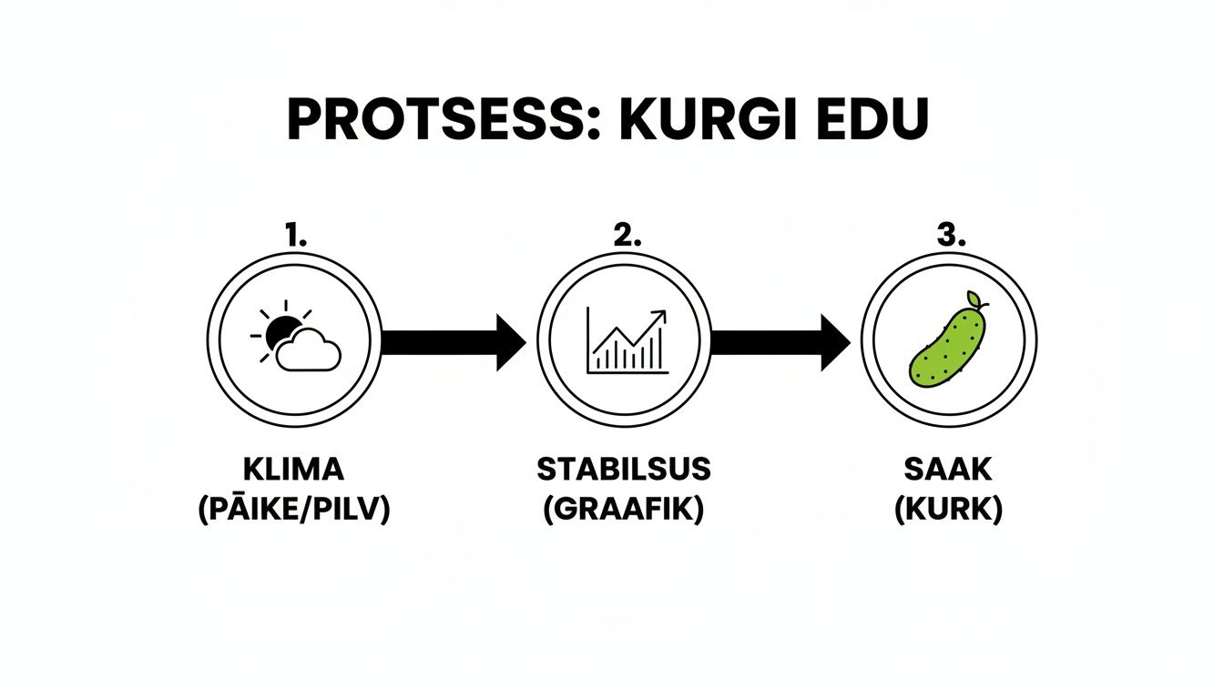 Pilt näitab kurgi kasvatamise protsessi kolmes etapis: kliima, stabiilsus ja saak.