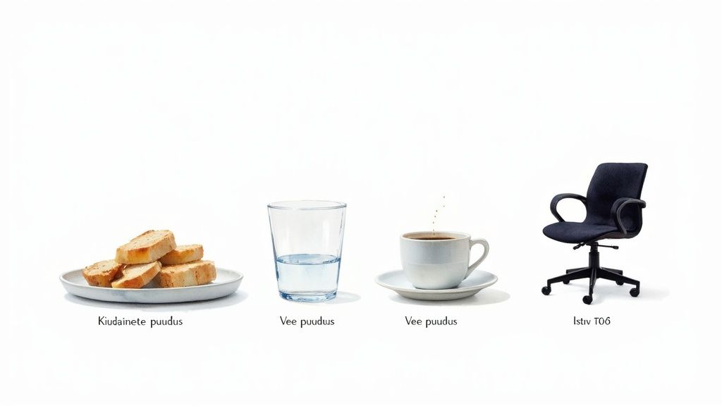 Nelja pilti kiudainete ja vee puudusest ning istuvast eluviisist: leib, vesi, kohv ja kontoritool.