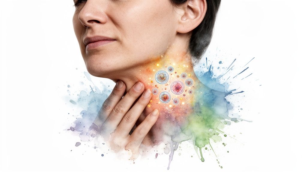 Nainen koskettaa kaulaansa, jossa näkyy värikkäitä soluja ja roiskeita, viitaten kurkun oireisiin.