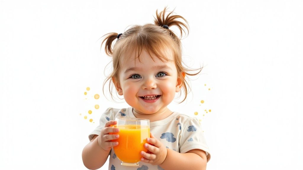 Rõõmus väikelaps pigtailidega naeratab, hoides klaasi värsket apelsinimahla.