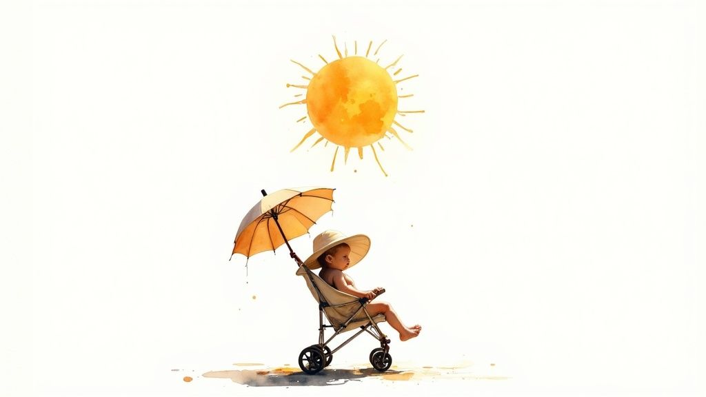 Beebi kärus päikesevarjuga ja päikesega, akvarellstiilis pilt valgel taustal.