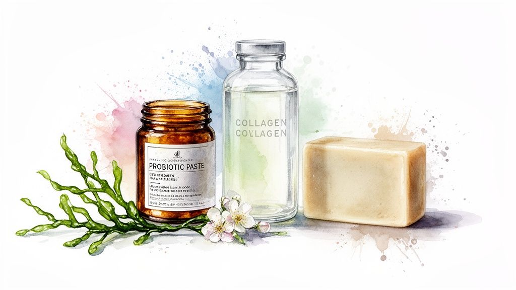 Illustratsioon probiootilise pasta purgi, kollageeni pudeli, seebi, vetikate ja õitega.