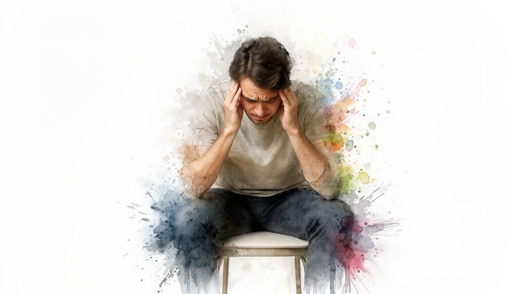 Mies istuu, pitää kiinni päästään stressaantuneena, vesivärimäisten roiskeiden ympäröimänä.