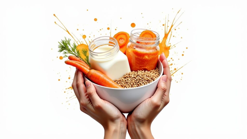 Kädet pitelevät kulhoa, jossa on porkkanoita, maitoa ja porkkanasosetta, symboloiden terveellistä ruokaa.