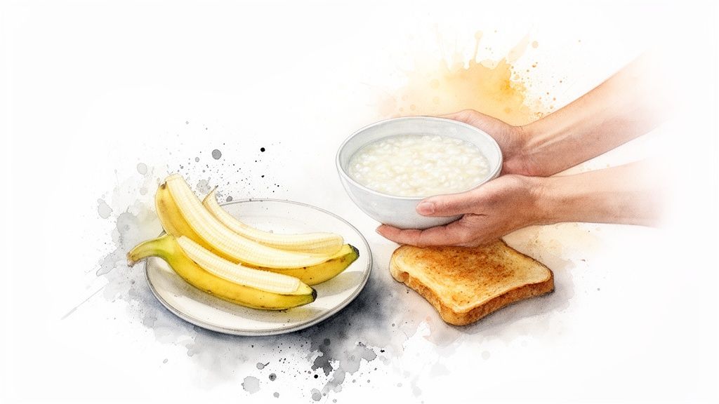 Pilt näitab käsi hoidmas kaussi pudru ja taldrikut osaliselt kooritud banaanide ning röstsaiaga.