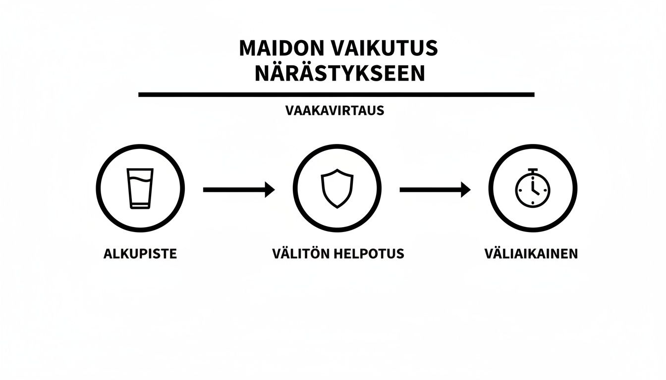 Vuokaavio maidon vaikutuksesta närästykseen: alkupiste (maito), välitön helpotus (suoja), ja väliaikainen (kello).