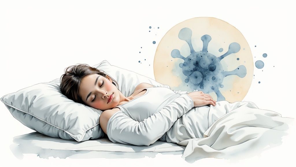 Nukkuva henkilö tyynyllä ja peiton alla, taustalla viruskuva, symboloi lepoa ja paranemista.
