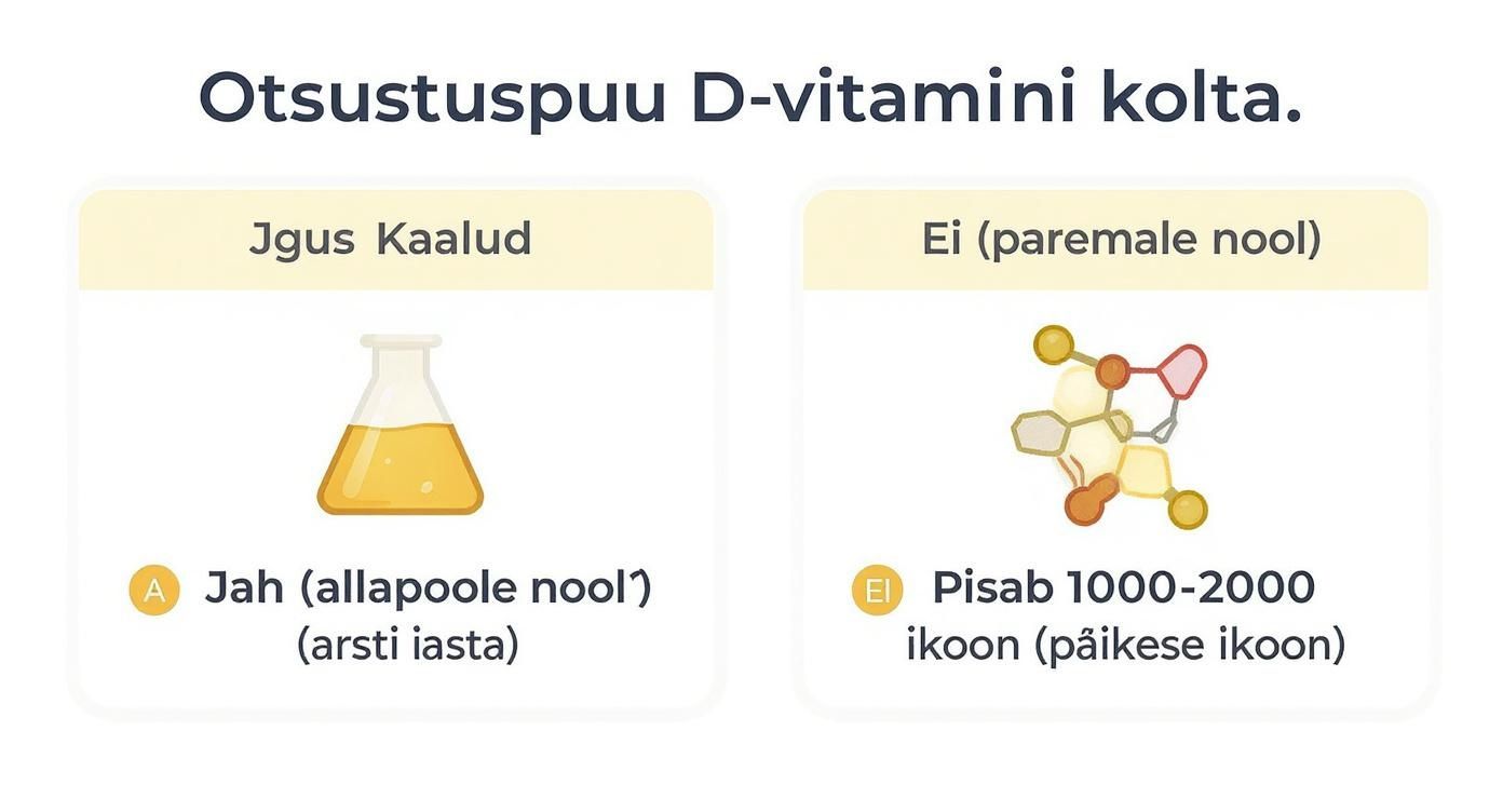 D-vitamiini otsustuspuu, mis pakub valikuid arsti nõuande ja soovitatava annuse vahel.