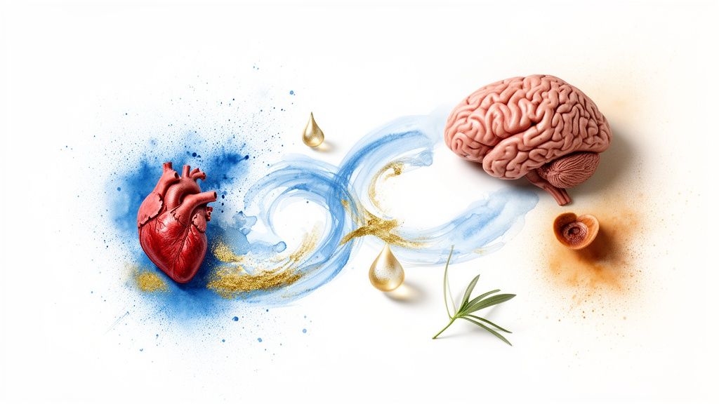 Süda ja aju on ühendatud sinise ja kuldse lõpmatuse sümboliga, koos õlitilkade ja taimelehega.